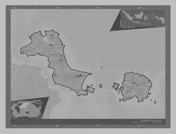 Bangka Belitung Province Indonesia Grayscale Elevation Map Lakes Rivers Locations — Stock Photo, Image