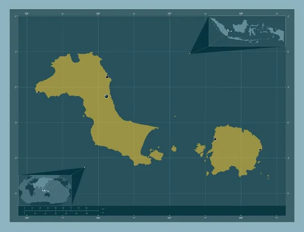 インドネシアのバンカ ベリトゥング州 しっかりした色の形 地域の主要都市の場所 コーナー補助位置図 — ストック写真