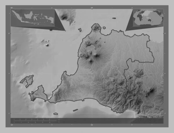 Banten Province Indonesia Grayscale Elevation Map Lakes Rivers Corner Auxiliary — Stock Photo, Image