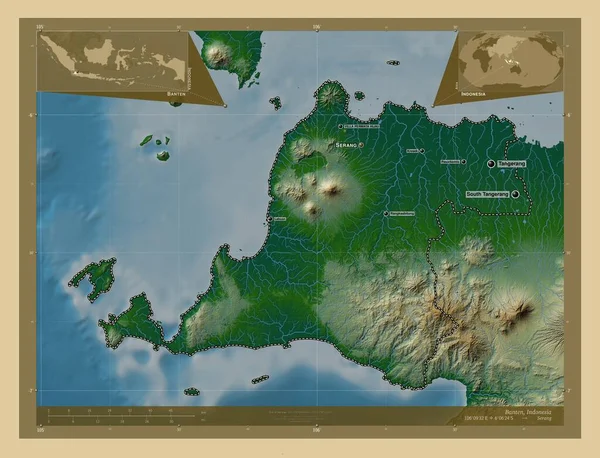 印度尼西亚省 有湖泊和河流的彩色高程图 该区域主要城市的地点和名称 角辅助位置图 — 图库照片