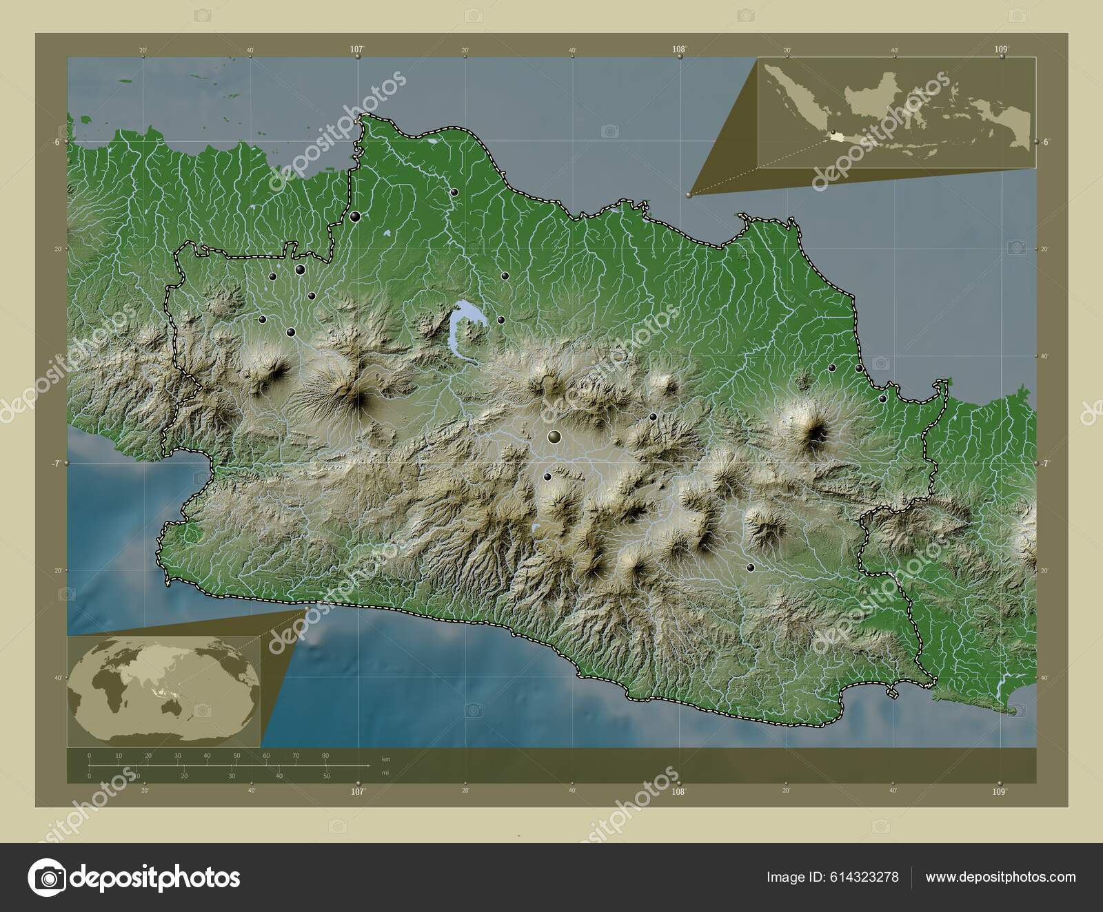 Джава Барат Провинция Индонезия Карта Высоты Окрашенная Вики Стиле.