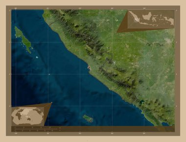 Bengkulu, Endonezya vilayeti. Düşük çözünürlüklü uydu. Köşedeki yedek konum haritaları