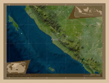 Bengkulu, Endonezya vilayeti. Düşük çözünürlüklü uydu. Bölgenin büyük şehirlerinin yerleri ve isimleri. Köşedeki yedek konum haritaları