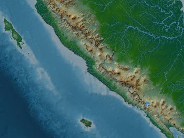 Bengkulu, Endonezya vilayeti. Gölleri ve nehirleri olan renkli yükseklik haritası