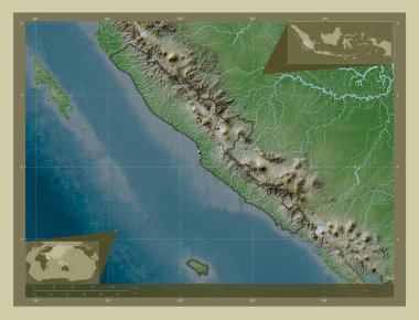 Bengkulu, Endonezya vilayeti. Yükseklik haritası göller ve nehirlerle wiki tarzında renklendirilmiş. Bölgenin büyük şehirlerinin yerleri. Köşedeki yedek konum haritaları