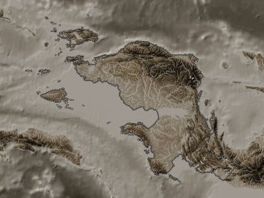 Irian Jaya Barat, Endonezya vilayeti. Yükseklik haritası sepya tonlarında göller ve nehirlerle renklendirilmiş