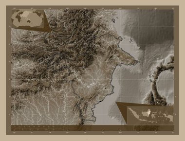 Kalimantan Timur, Endonezya ili. Yükseklik haritası sepya tonlarında göller ve nehirlerle renklendirilmiş. Bölgenin büyük şehirlerinin yerleri. Köşedeki yedek konum haritaları