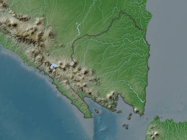 Lampung, Endonezya vilayeti. Yükseklik haritası göller ve nehirlerle wiki stilinde renklendirilmiştir