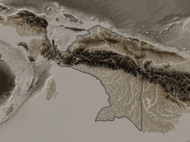 Papua, Endonezya vilayeti. Yükseklik haritası sepya tonlarında göller ve nehirlerle renklendirilmiş