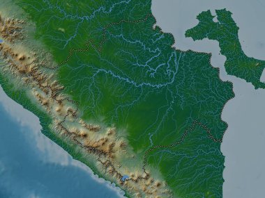 Sumatera Selatan, Endonezya vilayeti. Gölleri ve nehirleri olan renkli yükseklik haritası