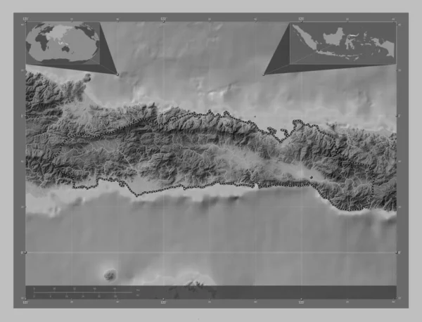 Gorontalo 印度尼西亚省 带有湖泊和河流的灰度高程图 角辅助位置图 — 图库照片