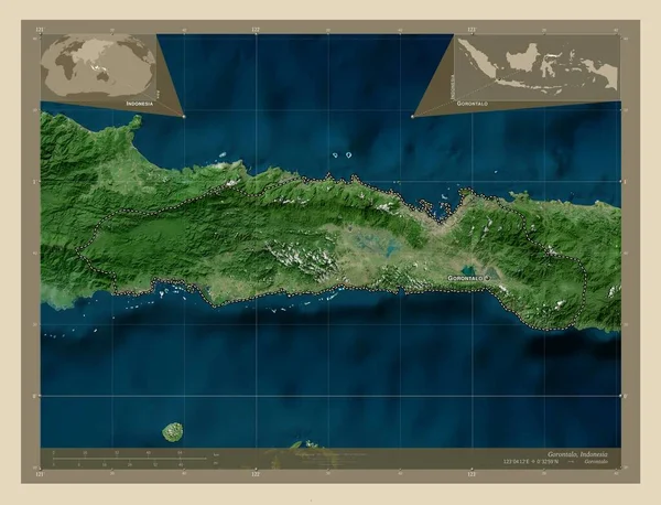 インドネシアのゴロンタロ州 高解像度衛星地図 地域の主要都市の位置と名前 コーナー補助位置図 — ストック写真