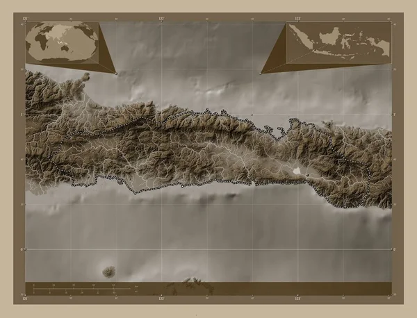 Gorontalo Provincia Indonesia Mapa Elevación Coloreado Tonos Sepia Con Lagos —  Fotos de Stock