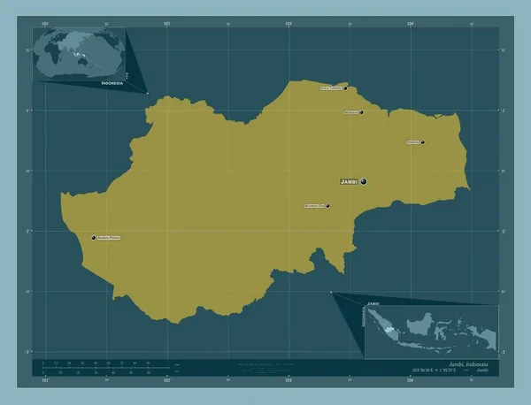 インドネシアのジャンビ州 しっかりした色の形 地域の主要都市の位置と名前 コーナー補助位置図 — ストック写真