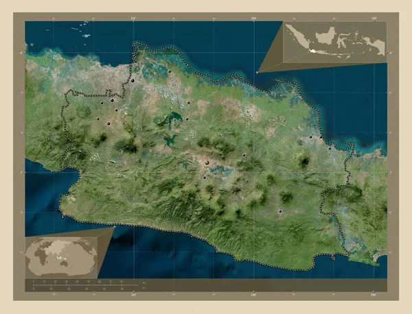 インドネシアの州 Jawa Barat 高解像度衛星地図 地域の主要都市の場所 コーナー補助位置図 — ストック写真
