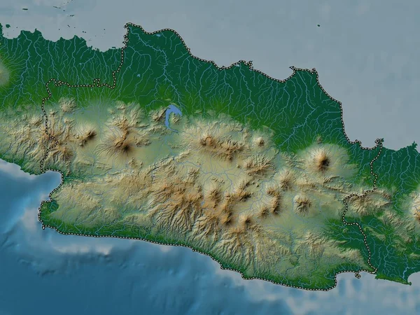 Jawa Barat Provinz Indonesien Farbige Höhenkarte Mit Seen Und Flüssen — Stockfoto