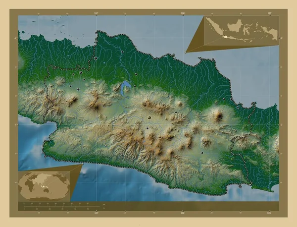 インドネシアの州 Jawa Barat 湖や川と色の標高マップ 地域の主要都市の場所 コーナー補助位置図 — ストック写真