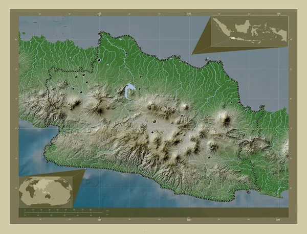 Jawa Barat Prowincja Indonezji Mapa Wzniesień Kolorowa Stylu Wiki Jeziorami — Zdjęcie stockowe