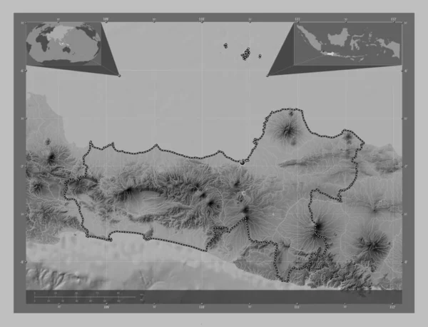 Jawa Tengah Miasto Indonezji Mapa Wzniesień Skali Szarości Jeziorami Rzekami — Zdjęcie stockowe