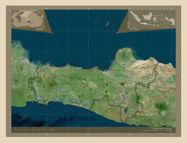 インドネシアの都市Jawa Tengah 高解像度衛星地図 地域の主要都市の位置と名前 コーナー補助位置図 — ストック写真