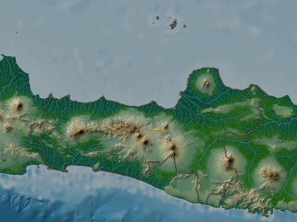 Jawa Tengah Miasto Indonezji Kolorowa Mapa Wzniesień Jeziorami Rzekami — Zdjęcie stockowe