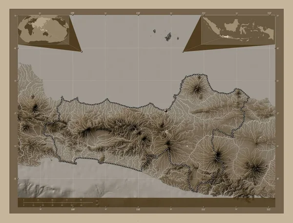 Джава Тенга Город Индонезия Карта Высоты Окрашенная Сепиевые Тона Озерами — стоковое фото