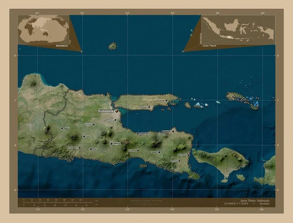 Jawa Timur Província Indonésia Mapa Satélite Baixa Resolução Locais Nomes — Fotografia de Stock