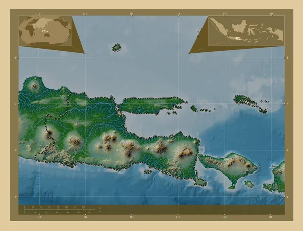 Джава Тимур Провинция Индонезия Цветная Карта Высоты Озерами Реками Вспомогательные — стоковое фото