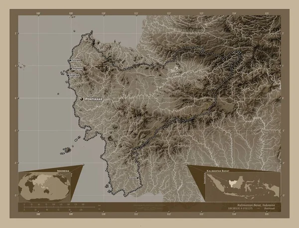 Kalimantan Barat Province Indonesia Elevation Map Colored Sepia Tones Lakes — Stock Photo, Image