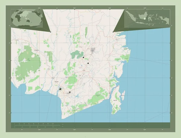 インドネシアのカリマンタン セラタン州 ストリートマップを開く 地域の主要都市の場所 コーナー補助位置図 — ストック写真