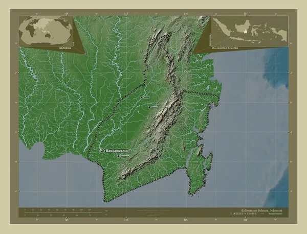 インドネシアのカリマンタン セラタン州 湖や川とWikiスタイルで着色された標高マップ 地域の主要都市の位置と名前 コーナー補助位置図 — ストック写真