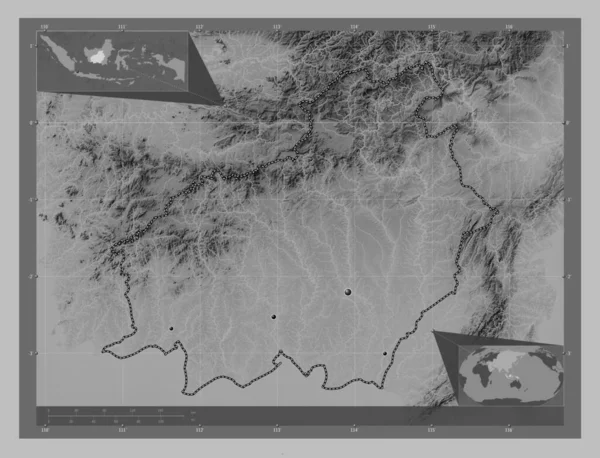 Kalimantan Tengah Prowincja Indonezji Mapa Wzniesień Skali Szarości Jeziorami Rzekami — Zdjęcie stockowe