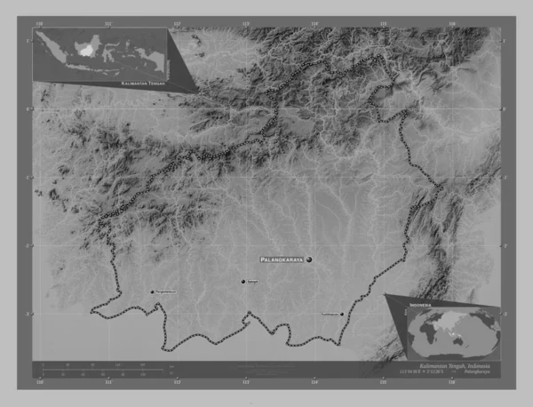 Kalimantan Tengah Indonézia Tartomány Szürkeárnyas Térkép Tavakkal Folyókkal Régió Nagyvárosainak — Stock Fotó