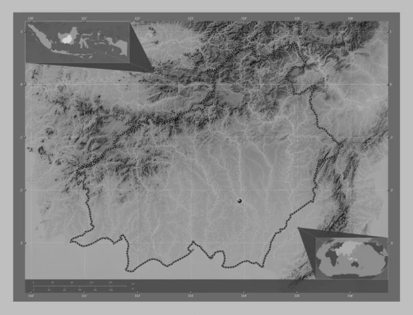 Kalimantan Tengah Province Indonesia Grayscale Elevation Map Lakes Rivers Corner — Stock Photo, Image