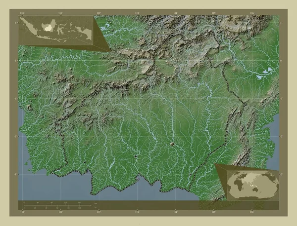 インドネシアのカリマンタン テンガー州 湖や川とWikiスタイルで着色された標高マップ 地域の主要都市の場所 コーナー補助位置図 — ストック写真