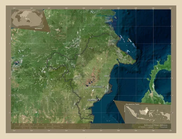 カリマンタン ティムール インドネシアの州 高解像度衛星地図 地域の主要都市の位置と名前 コーナー補助位置図 — ストック写真