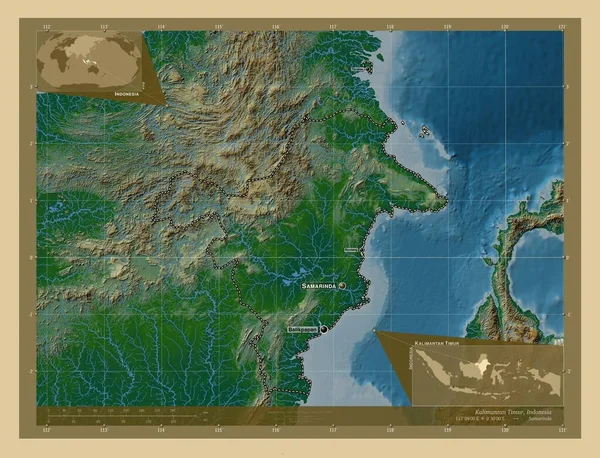 Kalimantan Timur Επαρχία Της Ινδονησίας Χρωματιστός Υψομετρικός Χάρτης Λίμνες Και — Φωτογραφία Αρχείου