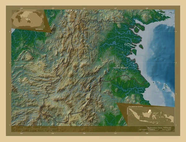 Kalimantan Utara Provincie Indonesië Gekleurde Hoogtekaart Met Meren Rivieren Locaties — Stockfoto