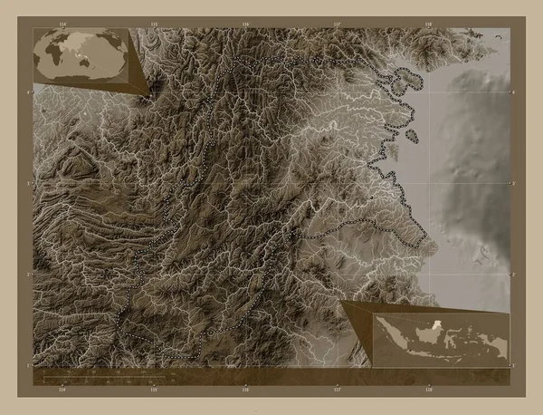 Калімантан Утара Індонезія Висота Карти Забарвлена Сепії Тонів Озерами Річками — стокове фото
