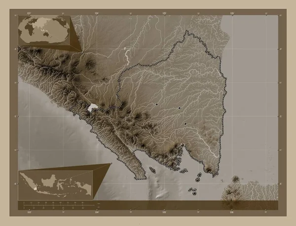 Lampung Provincia Indonesia Mapa Elevación Coloreado Tonos Sepia Con Lagos — Foto de Stock