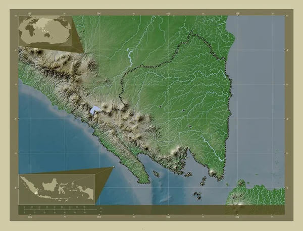 印度尼西亚 用Wiki风格绘制的带有湖泊和河流的高程地图 该区域主要城市的所在地点 角辅助位置图 — 图库照片