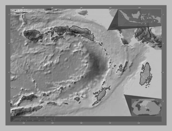 Maluku Provincie Indonesië Grayscale Hoogte Kaart Met Meren Rivieren Locaties — Stockfoto