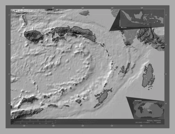 Maluku Provincia Indonesia Mapa Elevación Bilevel Con Lagos Ríos Ubicaciones —  Fotos de Stock