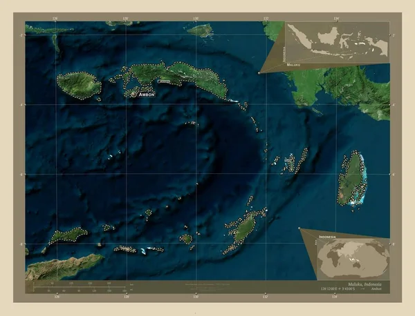 Maluku Indonésie Satelitní Mapa Vysokým Rozlišením Umístění Názvy Velkých Měst — Stock fotografie