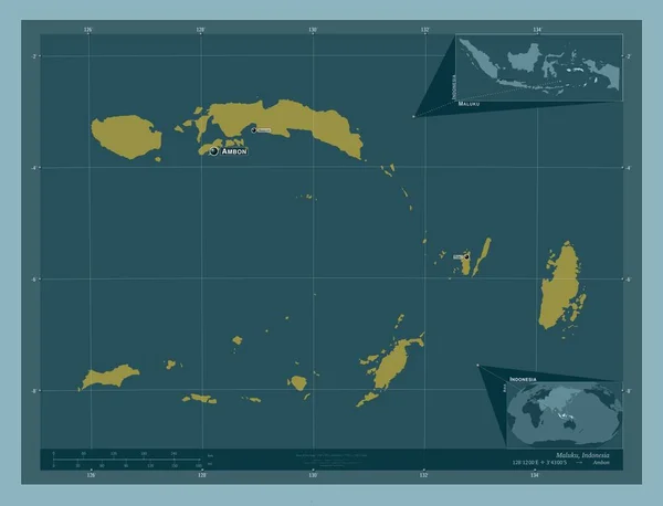 Maluku Prowincja Indonezji Solidny Kształt Koloru Lokalizacje Nazwy Głównych Miast — Zdjęcie stockowe