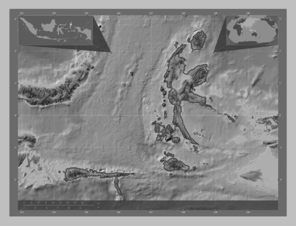 Maluku Utara Provincie Indonesië Grayscale Hoogte Kaart Met Meren Rivieren — Stockfoto