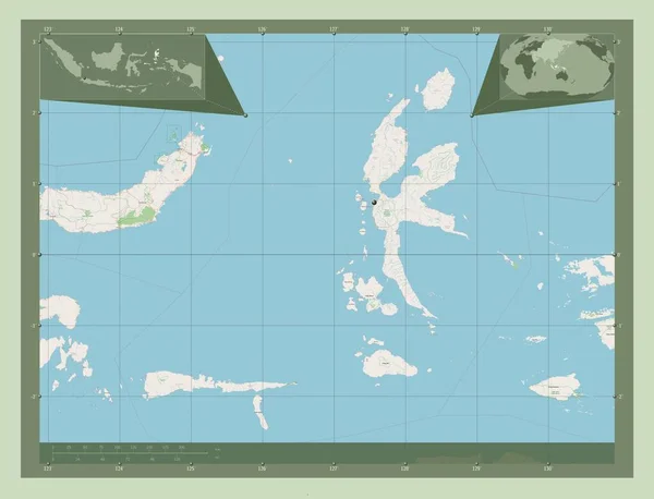 Maluku Utara 印度尼西亚省 开放街道地图 角辅助位置图 — 图库照片