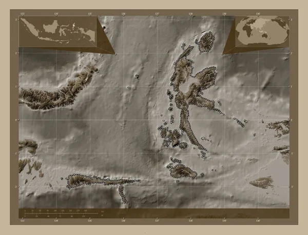 Maluku Utara Provincia Indonesia Mapa Elevación Coloreado Tonos Sepia Con — Foto de Stock