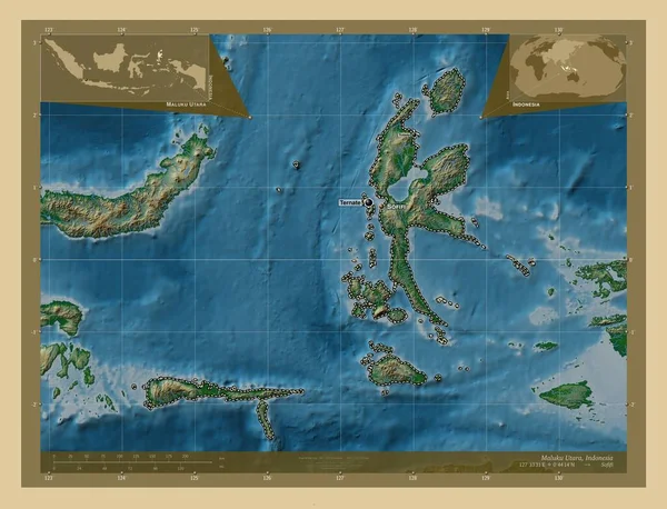 Maluku Utara Prowincja Indonezja Kolorowa Mapa Wzniesień Jeziorami Rzekami Lokalizacje — Zdjęcie stockowe