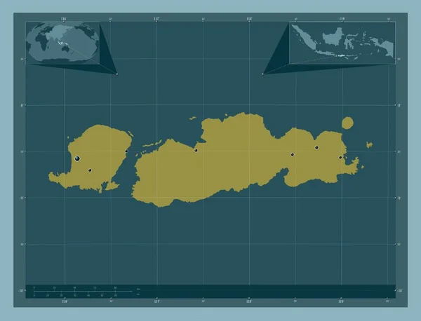 Nusa Tenggara Barat 印度尼西亚省固体的颜色形状 该区域主要城市的所在地点 角辅助位置图 — 图库照片